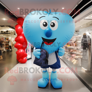 Sky Blue Heart Shaped Balloons mascot costume character dressed with a Rugby Shirt and Messenger bags