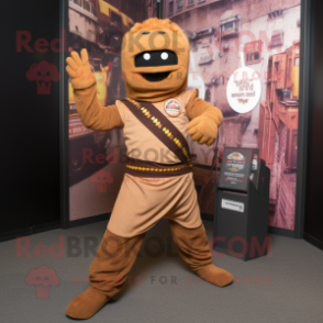 Brown Knife Thrower mascot costume character dressed with a Jumpsuit and Scarves