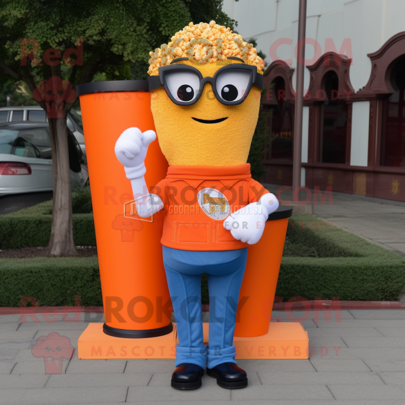 Orange Pop Corn mascot costume character dressed with a Bootcut Jeans and Reading glasses