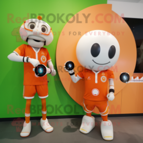 Orange Soccer Ball mascot costume character dressed with a Blouse and Smartwatches