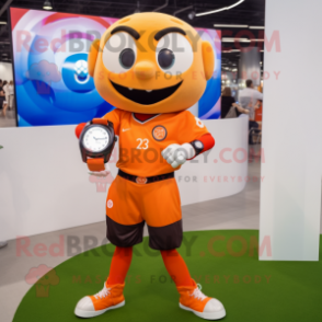 Orange Soccer Ball mascot costume character dressed with a Blouse and Smartwatches