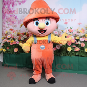 Peach Bouquet Of Flowers mascot costume character dressed with a Dungarees and Caps