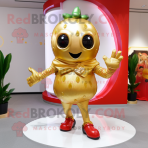 Gold Strawberry mascot costume character dressed with a Leggings and Scarves