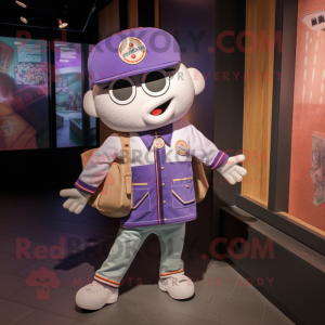 Lavender Ramen mascot costume character dressed with a Bomber Jacket and Messenger bags