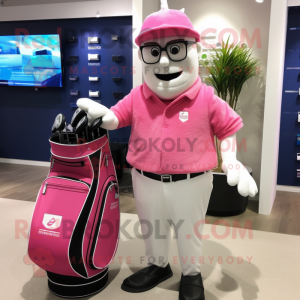 Pink Golf Bag mascot costume character dressed with a Waistcoat and Eyeglasses