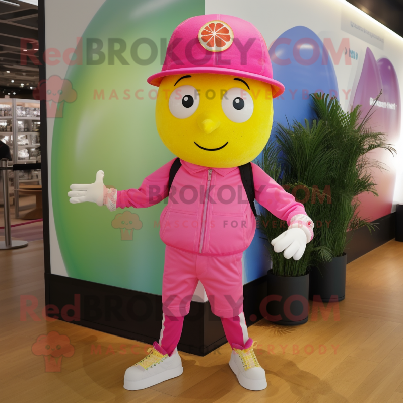 Pink Lemon mascot costume character dressed with a Skinny Jeans and Berets