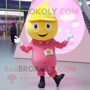 Pink Lemon mascot costume character dressed with a Skinny Jeans and Berets
