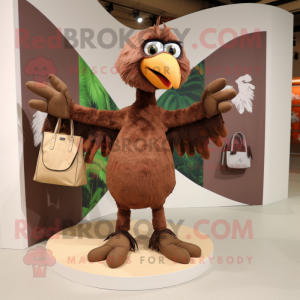 Brown Archeopteryx mascot costume character dressed with a T-Shirt and Handbags