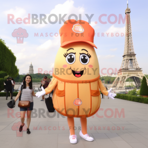 Peach French Fries mascot costume character dressed with a Mini Skirt and Tote bags