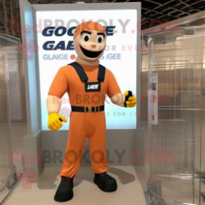 Peach Gi Joe mascot costume character dressed with a Overalls and Necklaces