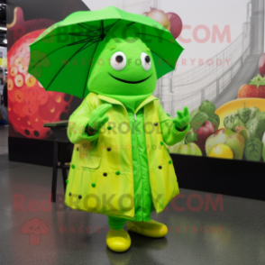 Lime Green Raspberry mascot costume character dressed with a Raincoat and Keychains