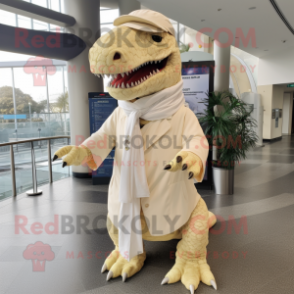 Cream T Rex mascot costume character dressed with a Shift Dress and Scarves
