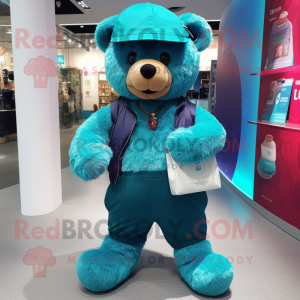 Teal Teddy Bear mascot costume character dressed with a Trousers and Coin purses