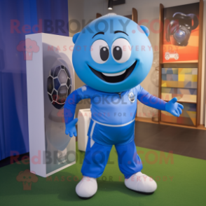 Blue Soccer Ball mascot costume character dressed with a Trousers and Belts