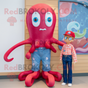Red Squid mascot costume character dressed with a Mom Jeans and Pocket squares