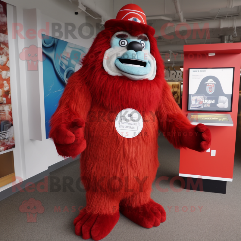 Red Yeti mascot costume character dressed with a Suit and Hat pins