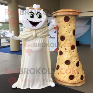Beige Pizza Slice mascot costume character dressed with a Wedding Dress and Wraps