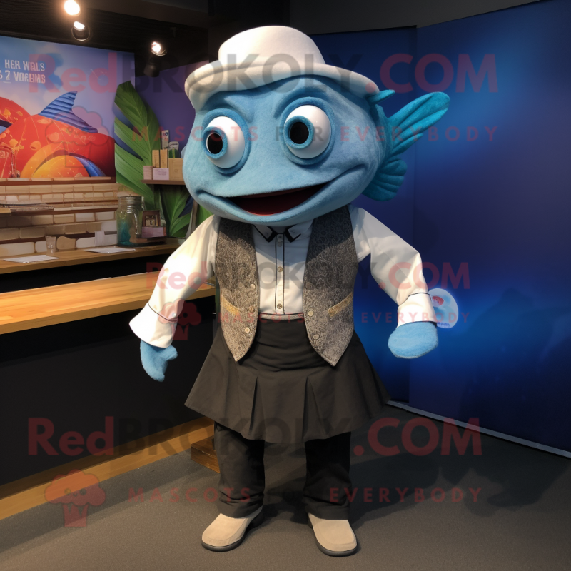 Blue Fish Tacos mascot costume character dressed with a Waistcoat and Suspenders