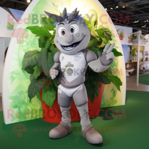 Gray Beanstalk mascot costume character dressed with a Rugby Shirt and Gloves