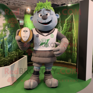 Gray Beanstalk mascot costume character dressed with a Rugby Shirt and Gloves