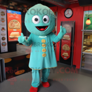 Teal Falafel mascot costume character dressed with a Romper and Mittens