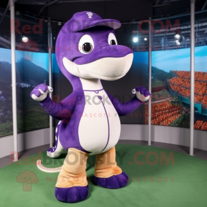 Purple Diplodocus mascot costume character dressed with a Baseball Tee and Hairpins