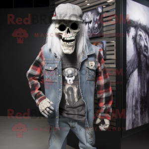 Silver Undead mascot costume character dressed with a Flannel Shirt and Hat pins