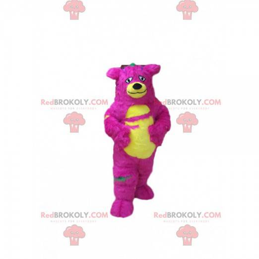 Mascotte mostro rosa e giallo, costume da orso peloso e