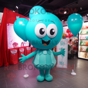 Teal Heart Shaped Balloons mascot costume character dressed with a Mini Skirt and Messenger bags