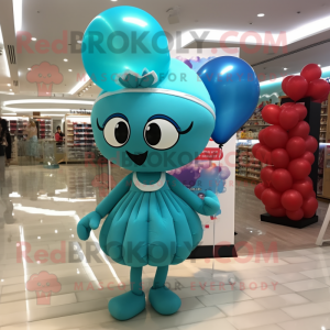 Teal Heart Shaped Balloons mascot costume character dressed with a Mini Skirt and Messenger bags