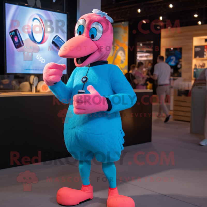 Cyan Flamingo mascot costume character dressed with a Shorts and Smartwatches