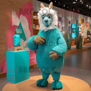 Teal Llama mascot costume character dressed with a Tank Top and Clutch bags