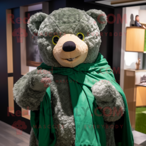 Green Teddy Bear mascot costume character dressed with a Flannel Shirt and Shawls