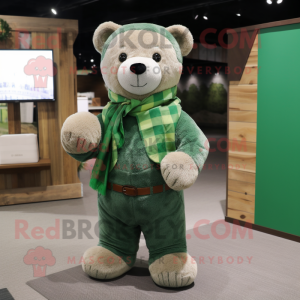 Green Teddy Bear mascot costume character dressed with a Flannel Shirt and Shawls