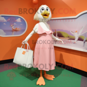 Peach Gull mascot costume character dressed with a Shift Dress and Tote bags