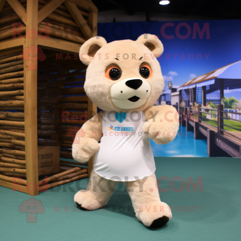 Cream Teddy Bear mascot costume character dressed with a Bikini and Shoe laces