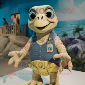 Cream Sea Turtle mascot costume character dressed with a Denim Shorts and Bracelets