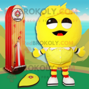 Lemon Yellow Fried Chicken mascot costume character dressed with a Swimwear and Foot pads