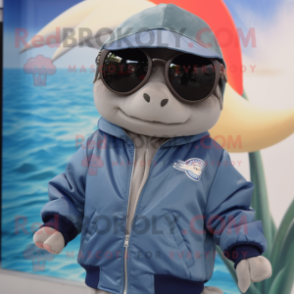 nan Tuna mascot costume character dressed with a Bomber Jacket and Sunglasses
