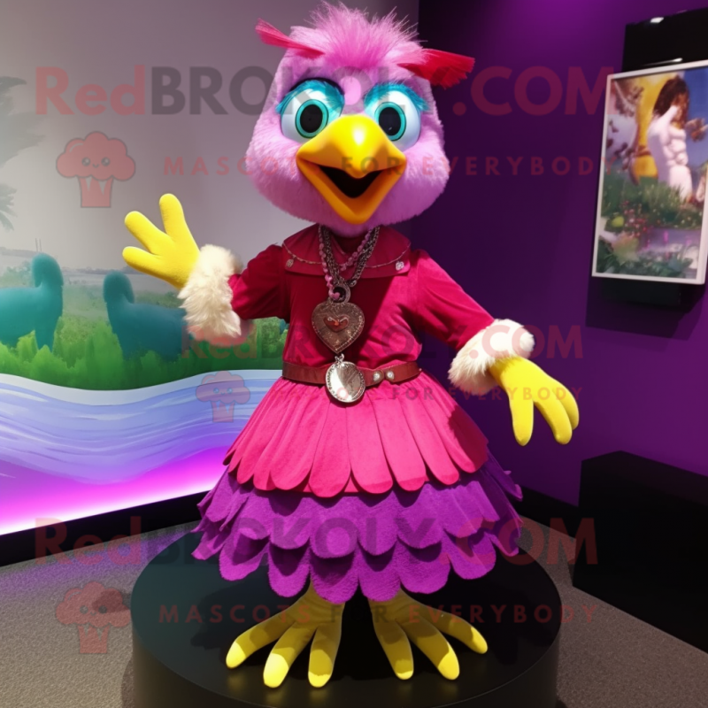 Magenta Gosling mascot costume character dressed with a Wrap Skirt and Brooches