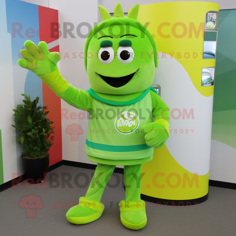 Lime Green Momentum mascot costume character dressed with a Cardigan and Rings