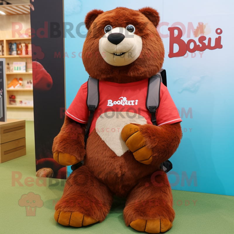 Rust Sloth Bear mascot costume character dressed with a Polo Tee and Backpacks