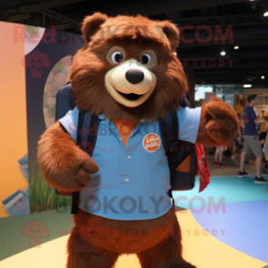 Rust Sloth Bear mascot costume character dressed with a Polo Tee and Backpacks