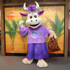 Purple Zebu mascot costume character dressed with a Maxi Skirt and Tote bags