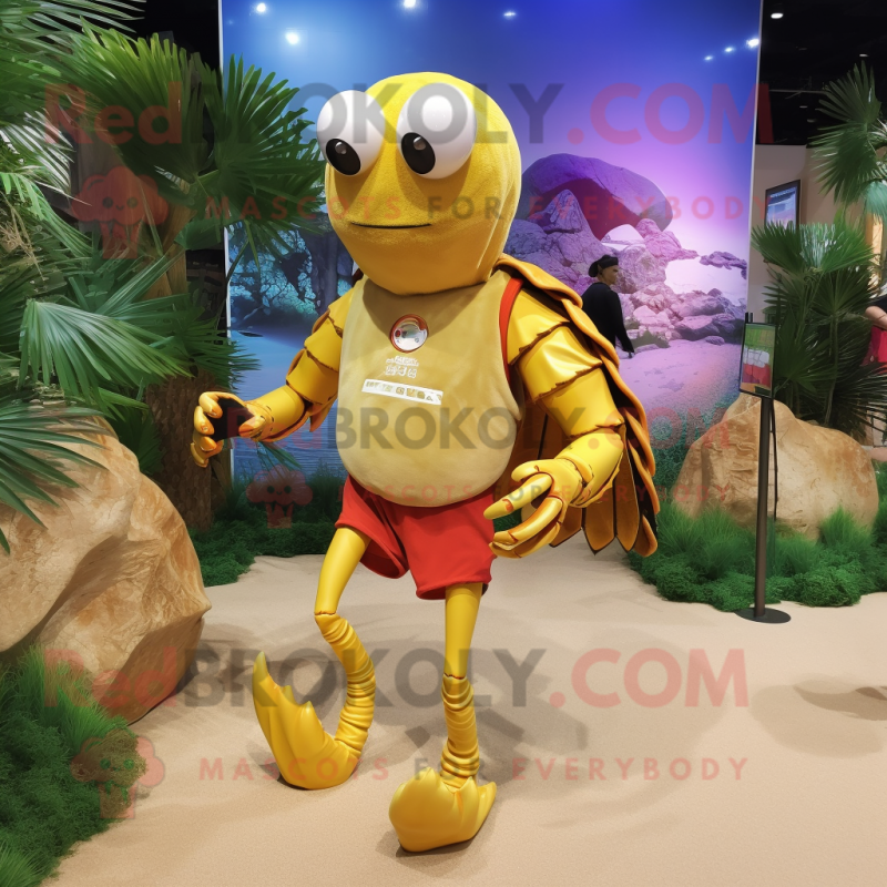 Yellow Hermit Crab mascot costume character dressed with a Running Shorts and Rings