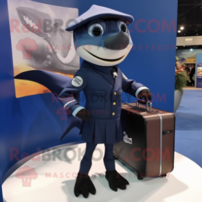 Navy Swordfish mascot costume character dressed with a Mini Skirt and Briefcases