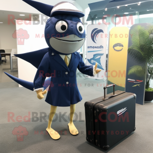 Navy Swordfish mascot costume character dressed with a Mini Skirt and Briefcases