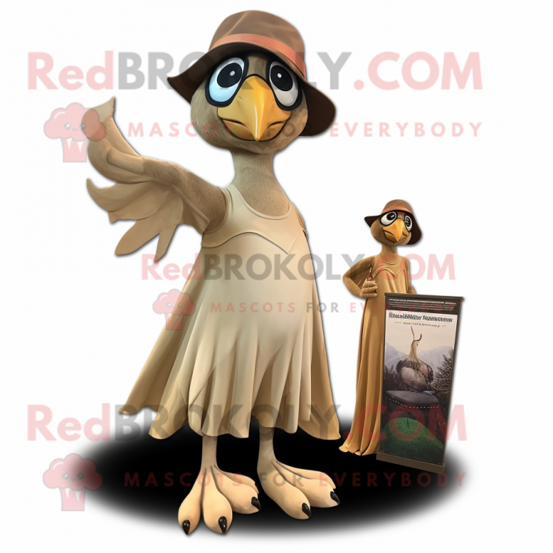 Tan Archeopteryx mascot costume character dressed with a Evening Gown and Beanies