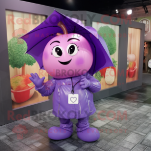 Purple Apple mascot costume character dressed with a Raincoat and Suspenders