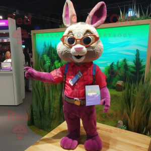 Magenta Wild Rabbit mascot costume character dressed with a Button-Up Shirt and Necklaces